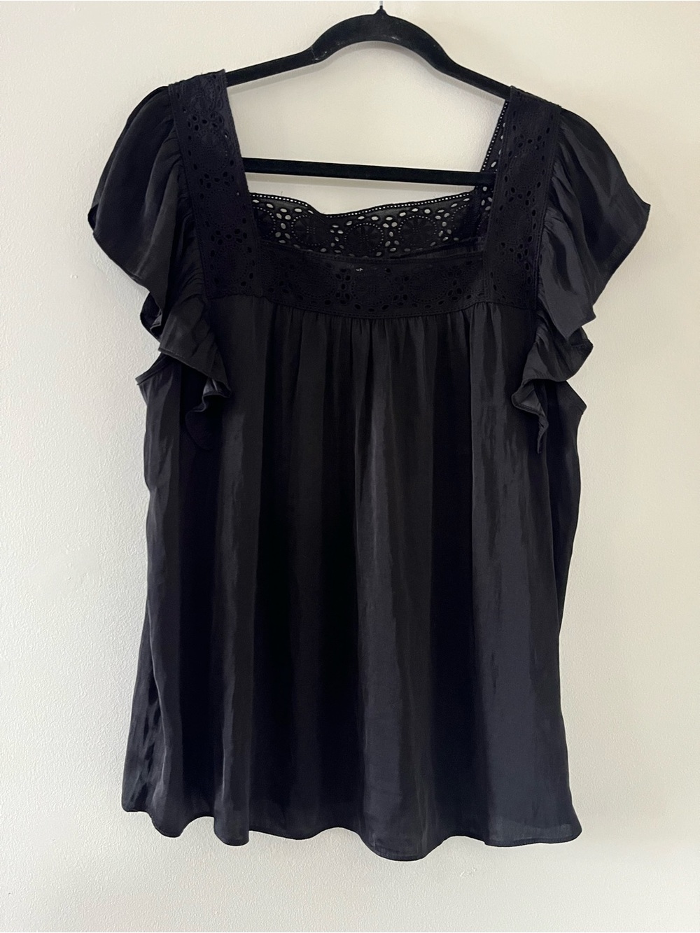 NWT Rachel Zoe Black Square Neck Eyelet Blouse XL Flutter Sleeve Office Church